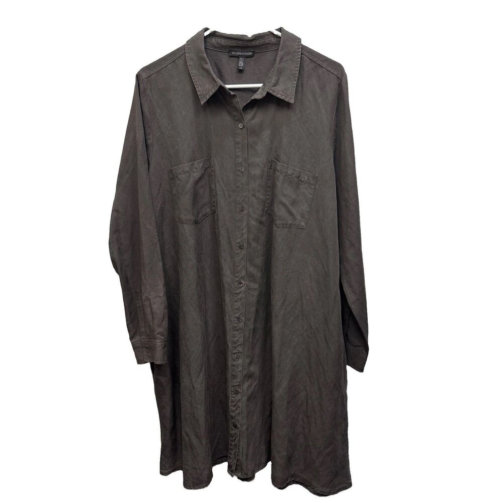 Eileen Fisher Shirt Dress Women Lagenlook L Buttons Taupe Minimalist Pockets